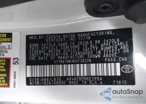 2019 Toyota Camry Xse из США, поврежденный, VIN 4T1B61HK4KU730228